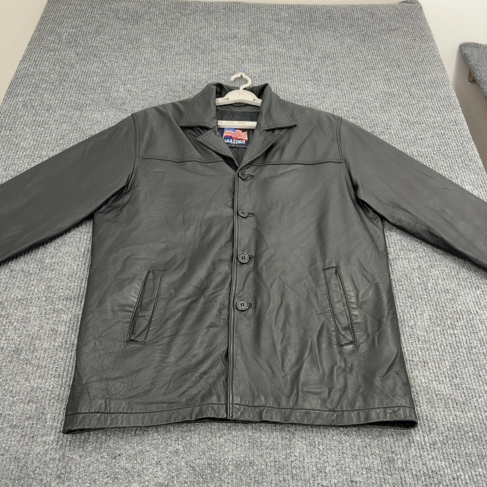 U.S.A. Leather Jacket Mens L Black Genuine Leather Button Front Coat‎ Classic